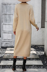 Decorative Button Notched Dropped Shoulder Sweater Dress OutfitFlow